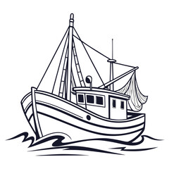 Illustration of a fishing boat on the sea, , depicting maritime transport and nautical adventure, ideal for travel and commercial fishing themes