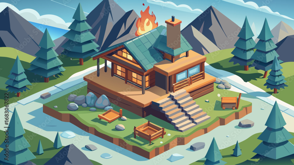 Poster a house with a fireplace and a bench in front of it. the house is surrounded by trees and mountains