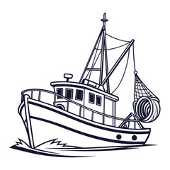 Illustration of a fishing boat with net, , showcasing maritime industry and seafood catch, perfect for nautical themes and travel adventures in the sea