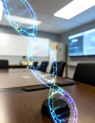 Holographic DNA model on a table in a modern office