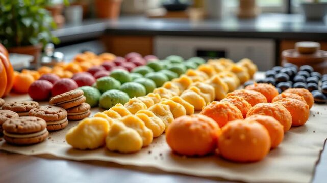Colorful cookie biscuit and pastry assortment with orange, yellow, green, red, and brown dessert treats arranged kitchen table vibrant cookies, macarons, and meringues neat rows, creating cheerful