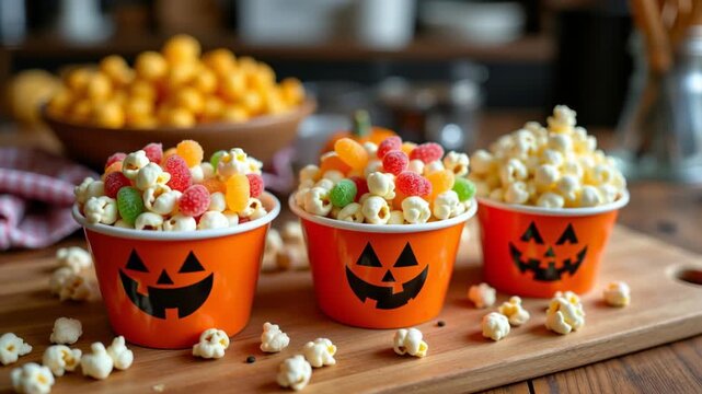Halloween popcorn cups with jack o lantern faces filled with popcorn, colorful gummy candy, and sweets, festive and cheerful party snack for autumn celebration, vibrant candy cups for Halloween party