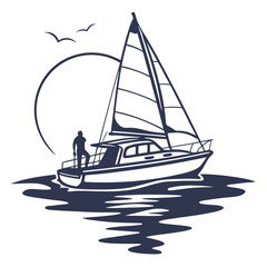 Vector art of a lone figure stands on a sailboat, gazing at the horizon as the sun sets, creating a serene and contemplative scene of maritime adventure and the beauty of nature