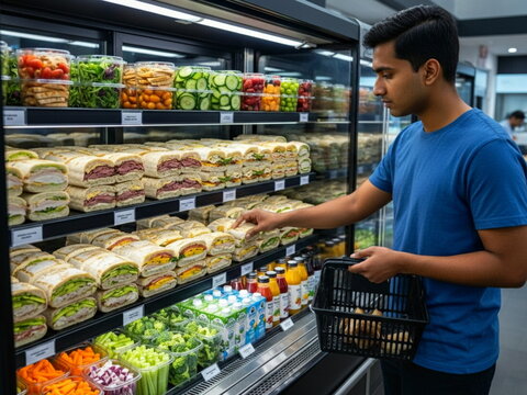 A man is choosing a pre-packaged sandwich from a refrigerated shelf in a store. - Powered by Adobe
