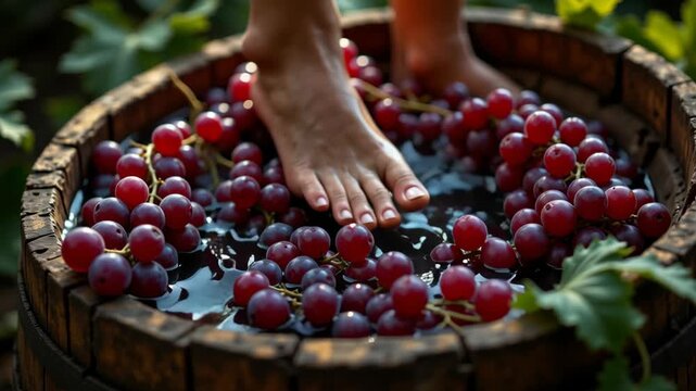 Bare feet gently stomp ripe red grapes rustic wooden barrel, surrounded by green leaf and water, capturing traditional winemaking harvest with joyful, natural atmosphere and vibrant outdoor grape
