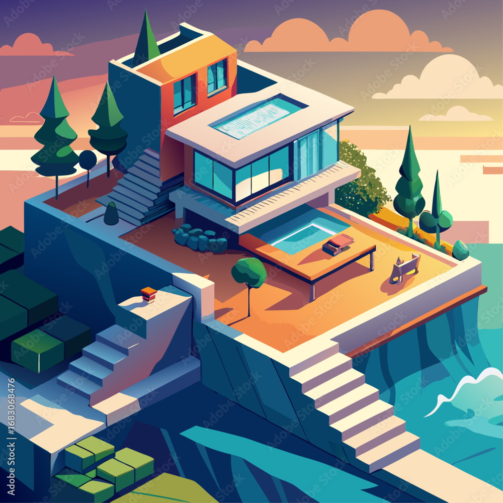 Poster a house with a pool and a staircase leading up to it. the house is on a hill and has a view of the o