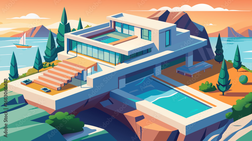 Poster a house with a pool and a staircase leading up to it. the house is on a hill and has a view of the o