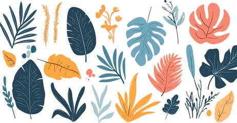 Vibrant collection of diverse tropical leaves and botanical elements in a modern flat design style