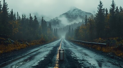 A lonely thermos sits in the middle of a wet, foggy mountain road, surrounded by a dense, mysterious forest under a cloudy sky, in a moody and cinematic style