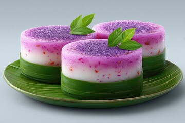 Three layered, vibrant purple and white desserts, presented on a green banana leaf plate