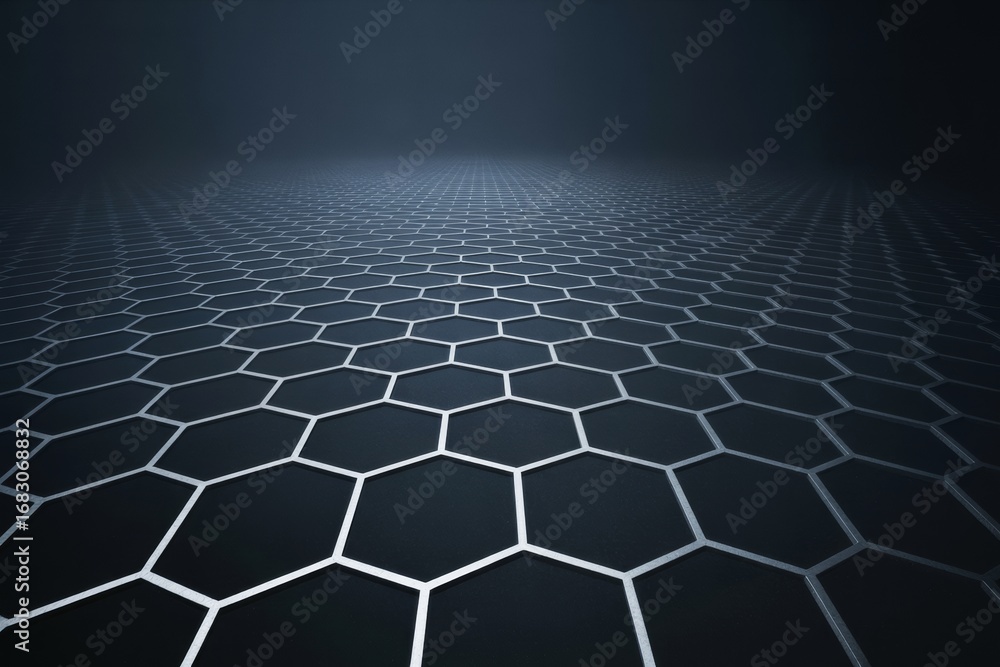 Poster abstract hexagonal pattern with metallic outlines forming a futuristic background on a dark gradient