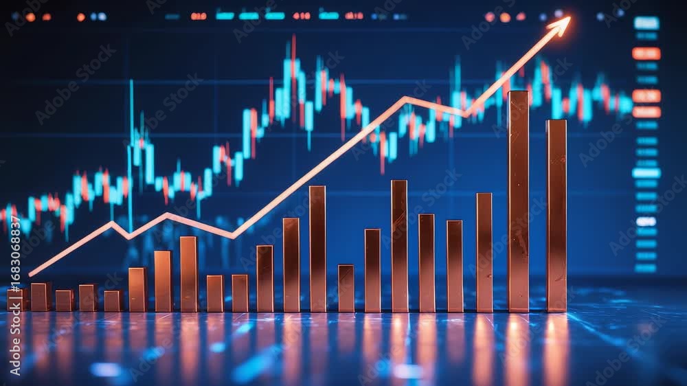 Poster digital financial chart with glowing upward arrow and bar graph showing growth trend and rising stat
