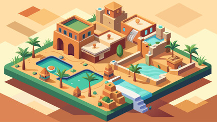 A cityscape with a pool and a water feature. The buildings are made of stone and have arched windows