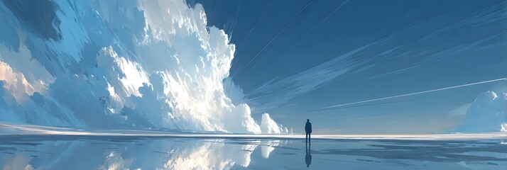 Surreal Landscape Art: Serene Horizon and Ethereal Clouds Over Tranquil Waters Featuring Solitary Figure in Dreamlike Scenery