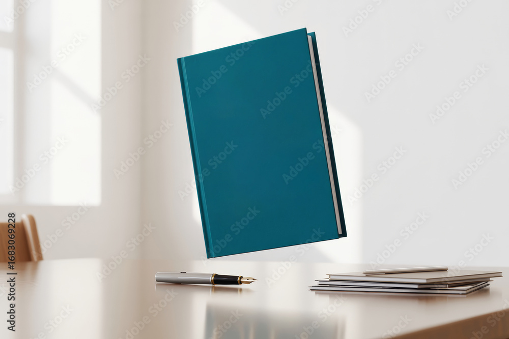 Poster floating teal hardcover book mockup in bright modern workspace with natural shadows and minimalistic