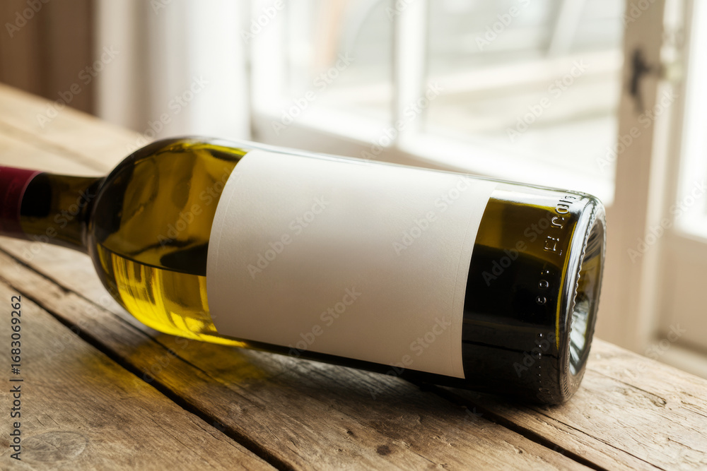 Poster bottle of white wine with blank label lying on rustic wooden table with soft natural light backgroun