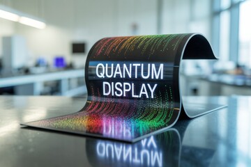 Flexible quantum display screen with vibrant pixel lights on a lab table, futuristic technology innovation in digital display design concept. Ai generative