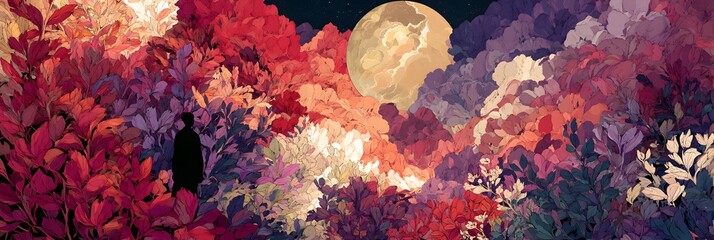 Moonlit Magical Forest: Vibrant Autumn Foliage and Ethereal Beauty in a Whimsical Night Landscape
