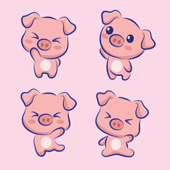 Obraz premium Cute Pig Cartoon Character Set Kawaii Piglet Mascot Illustration