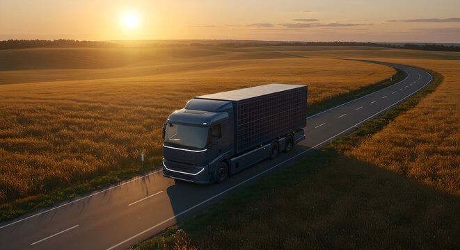 Solar panel truck driving on road. Cargo transportation with renewable energy. Green logistics solution for sustainable future.