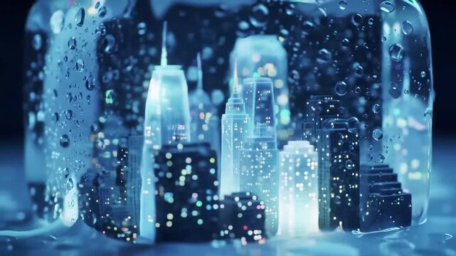 Miniature cityscape encased in ice with water droplets surreal and cold futuristic urban landscape high quality professional