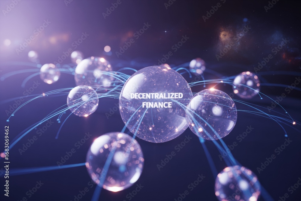 Poster transparent spheres with glowing lines representing decentralized finance network on dark abstract b