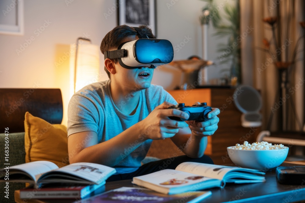 Poster young man wearing vr headset and using game controller in cozy living room with warm light, surround