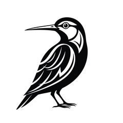 Stylized black and white standing bird with a long beak depicted in a bold graphic art style.