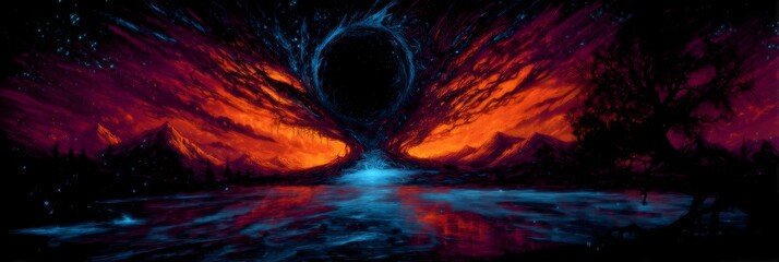 Ethereal Black Hole and Vibrant Cosmic Perspective: Surreal Beauty of Celestial Wonders and Mystical Scenery