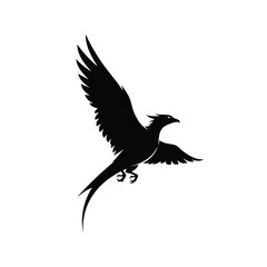 Stylized black phoenix bird silhouette in flight with long flowing tail feathers.