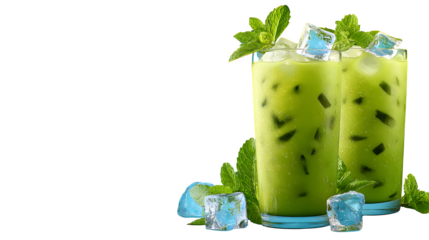 Matcha Green Tea with Mint and Ice, isolated on transparent background
