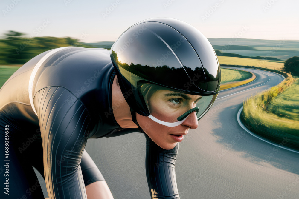 Poster close-up of a cyclist in aerodynamic gear racing on a curving road with scenic background and dynami