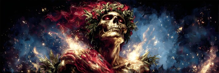 Ethereal Cosmic Smoke and Fiery Skeleton: Mystical Aura and Ancient Symbolism in Otherworldly Artistic Expression with Dreamlike Composition and Enigmatic Figure