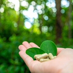 Hand holding pills and leaves in a garden setting