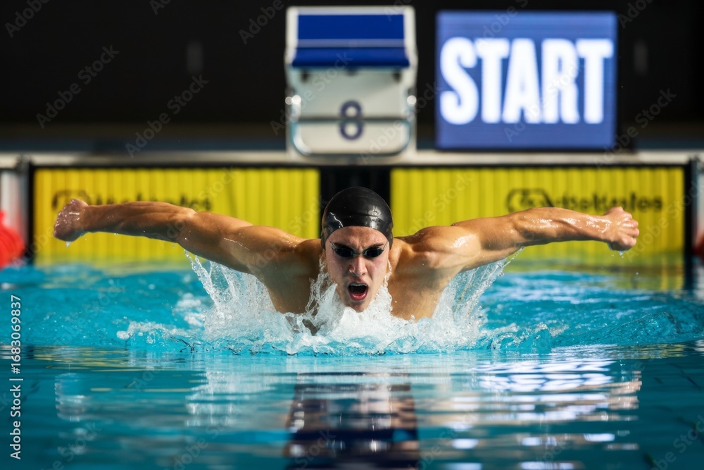 Poster swimmer performing butterfly stroke with powerful splash under bright lights in indoor pool with sta