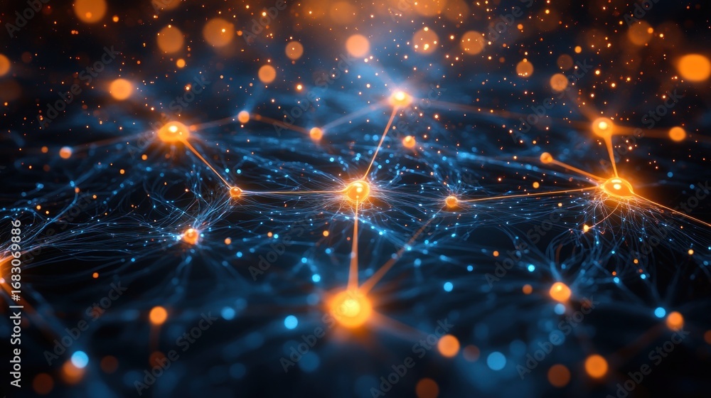 Poster dynamic abstract network of bright glowing connections and nodes