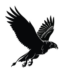Obraz premium Stylized black silhouette of a powerful mythical griffin in midflight with spread wings.