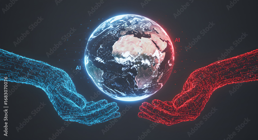 Aufkleber digital hands supporting earth with ai text. blue and red hands holding globe. concept of artificial