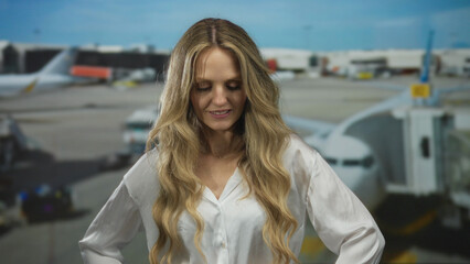 Young blonde woman smiling confidently in airport terminal with airplanes visible outdoors...