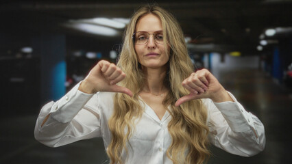 Fototapeta premium Woman with glasses gives thumbs down in a dimly lit parking garage, wearing a white shirt and showing long blonde hair, conveying disapproval indoors.