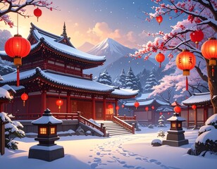 Japanese Temple Christmas Winter Illustration
