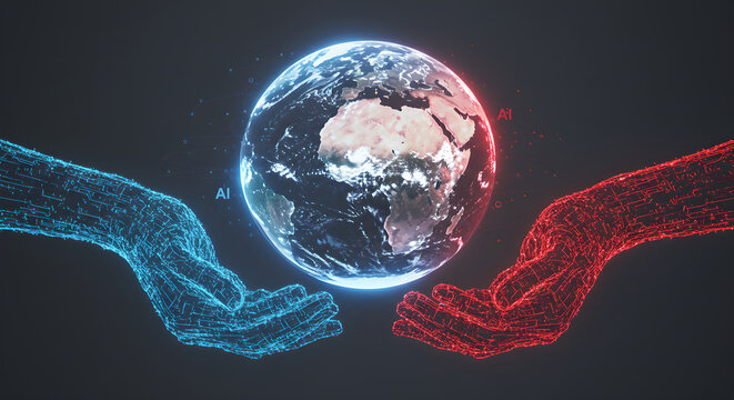 Digital hands supporting earth with AI text. Blue and red hands holding globe. Concept of artificial intelligence impact on global interconnectedness. - Powered by Adobe
