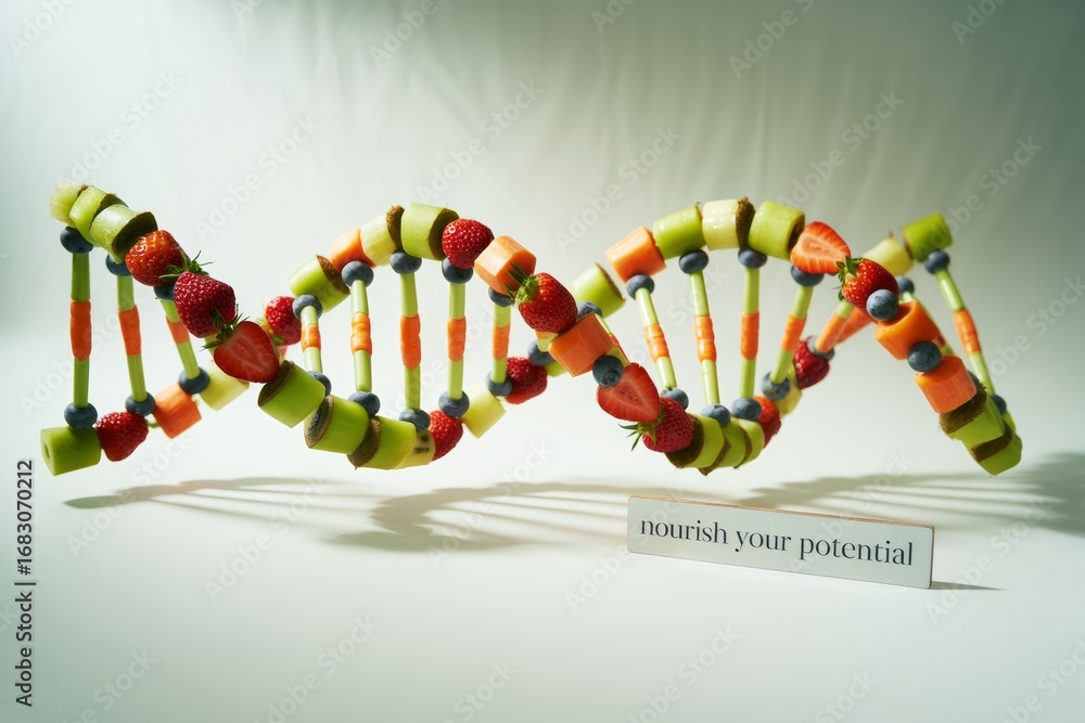 Poster dna double helix structure made of colorful fruits and vegetables on a light background, emphasizing