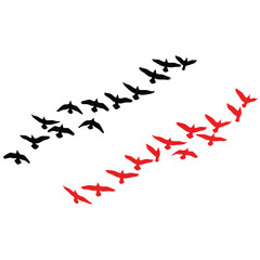 Two flocks of black and red bird silhouettes flying in a Vformation.