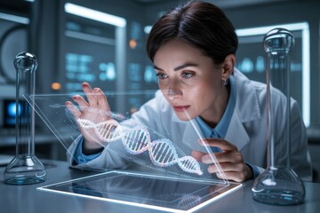 Female scientist analyzing futuristic digital DNA sequence in high-tech laboratory with glowing interface and holographic touch screen panel. Ai generative