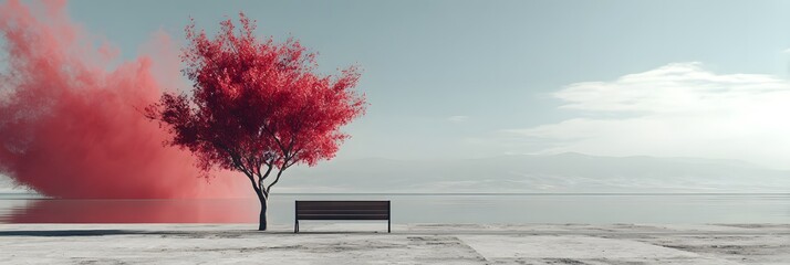 Serene Landscape with Red Tree: Vibrant Colors and Minimalist Design in Nature's Abstract Art and Tranquil Solitude