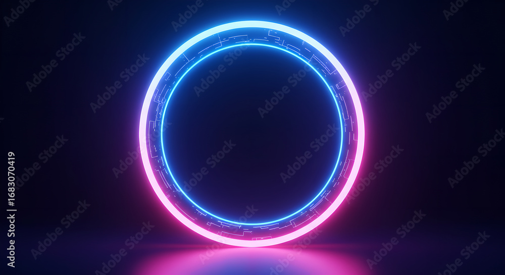 Aufkleber Glowing neon circle with digital pattern. Futuristic portal ring with glowing light on dark background for virtual reality development.