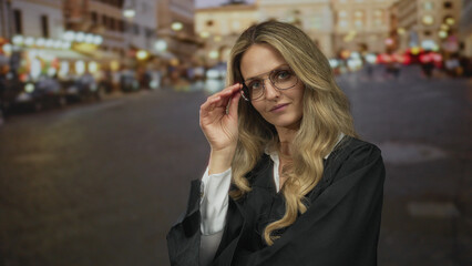 Woman judge in uniform with blonde hair standing confidently outdoors on a busy urban street with...