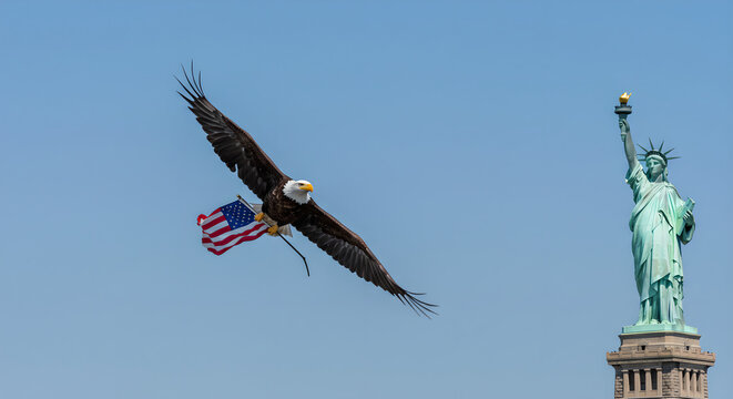 Bald eagle flying with american flag over statue of liberty. Symbol of freedom and patriotism for patriotic holidays and independence day.