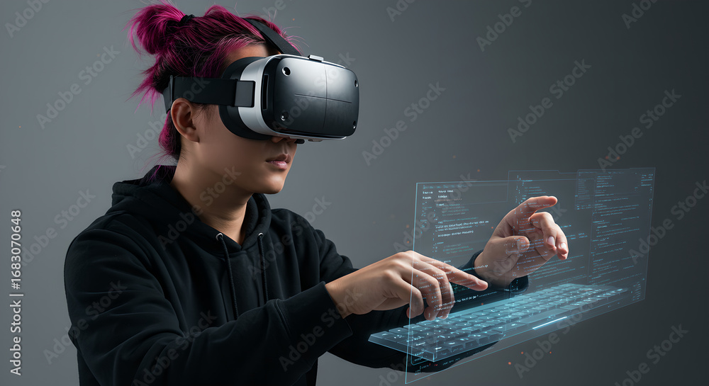 Poster woman in virtual reality headset interacting with holographic programming interface. future technolo